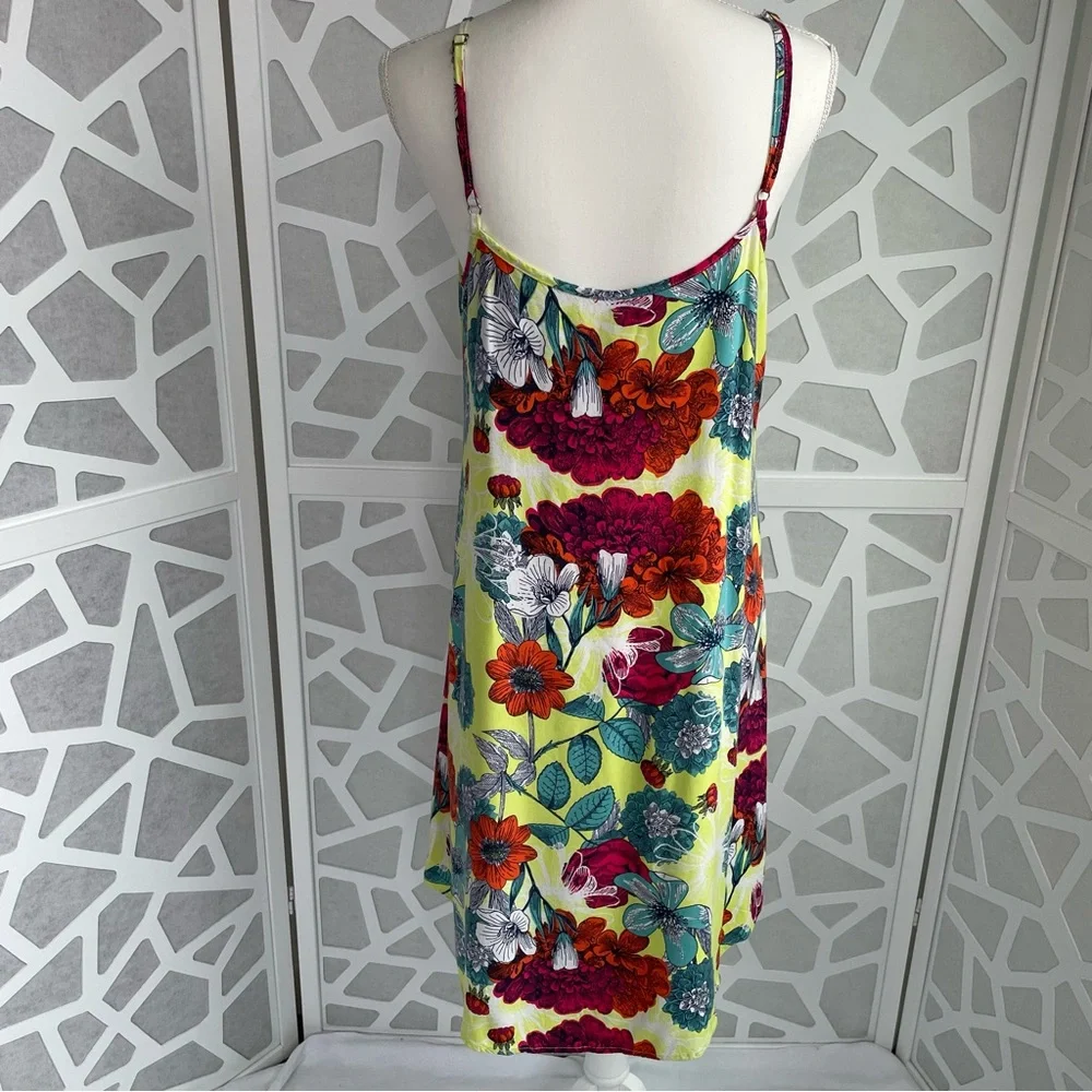 Floral summer dress high low relaxed fit cotton green multicolored sz L large - Picture 3 of 8